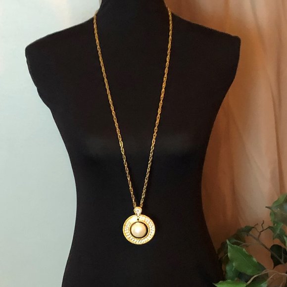 Golden Necklace w/ Statement Gems & Pearl Pendant - Picture 1 of 3